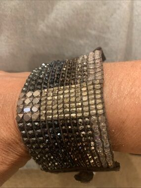 Sparkling Multi-Row Gunmetal Leather Wrap Bracelet